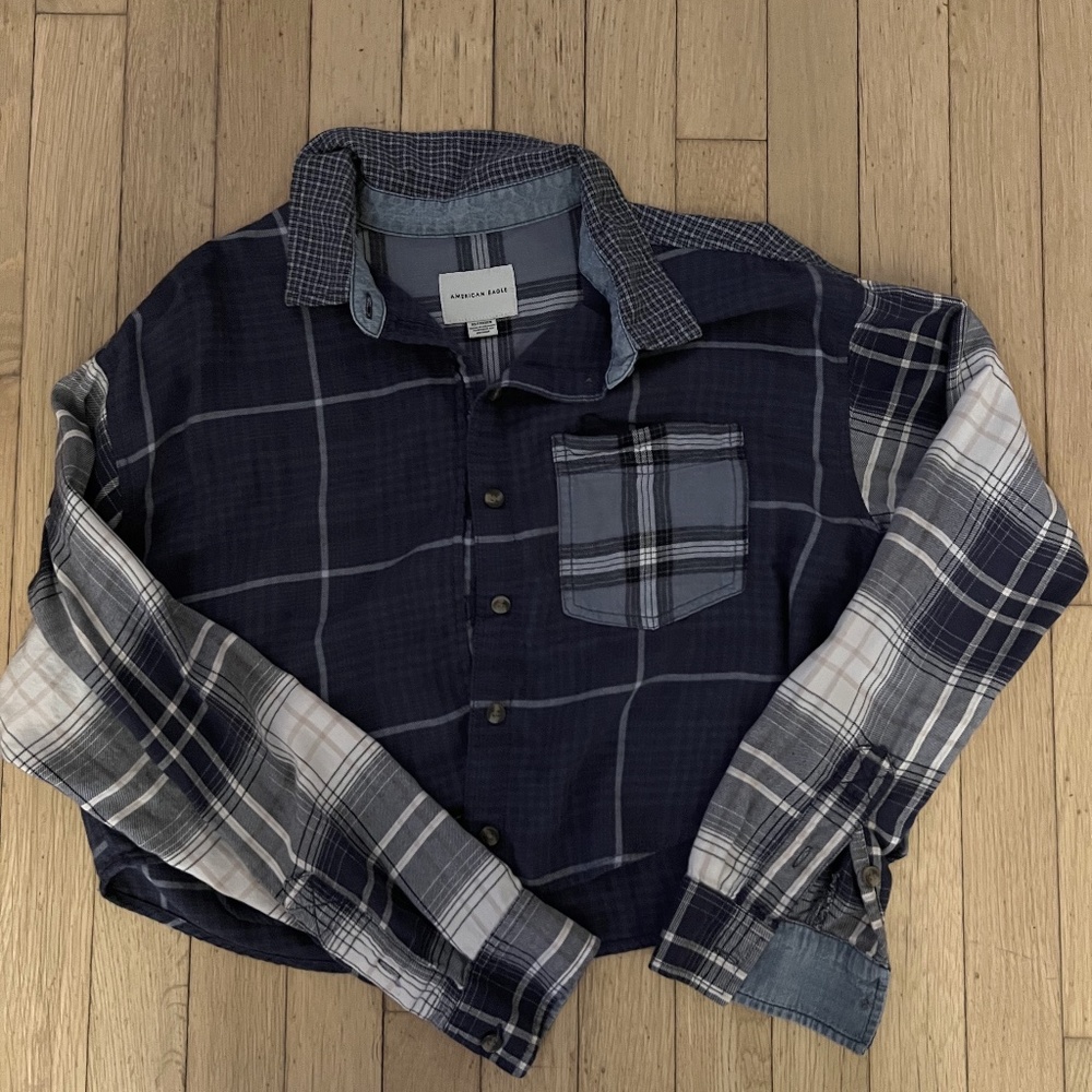 American Eagle Navy Blue Patchwork Flannel - image 1